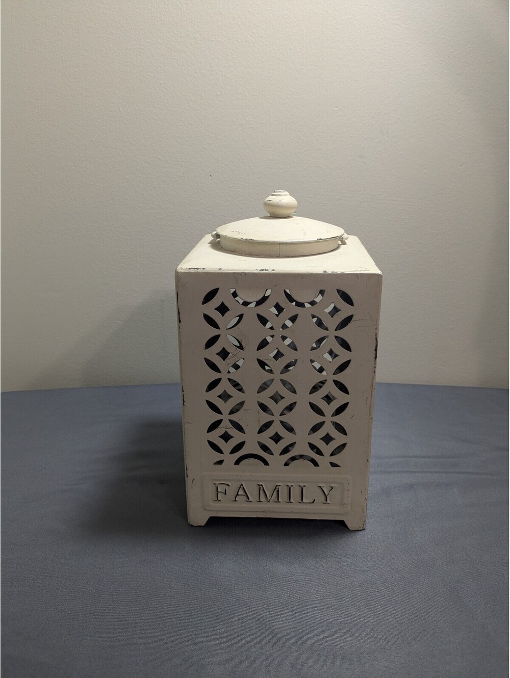 Vintage Style White Metal Lantern with 'Family' Cutout Design